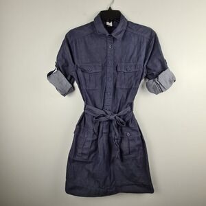 J Crew Women's Chambray Denim Roll Tab Sleeve Shift Shirt Belt Dress Small Blue